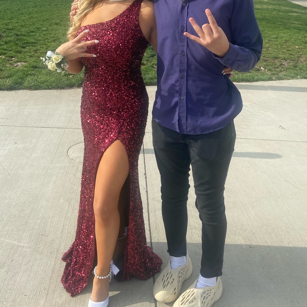 Maroon sparkly one shoulder long dress